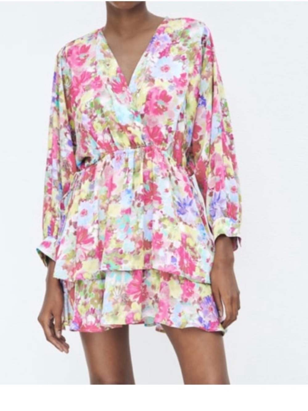 NWT Zara Floral V-Neck Tiered Mini Dress in Bright Pink Multi